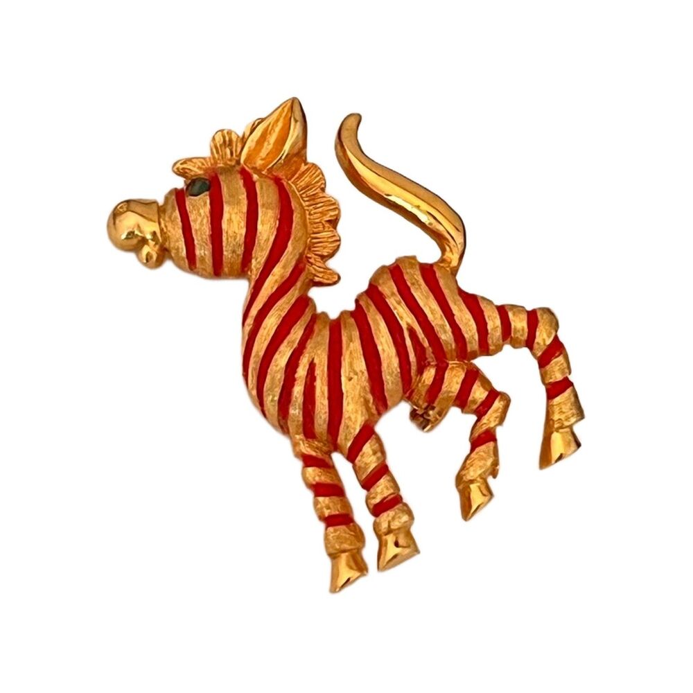 Vintage 1960s Zebra Brooch Red Enamel Gold Tone Figural Signed JJ - 1J